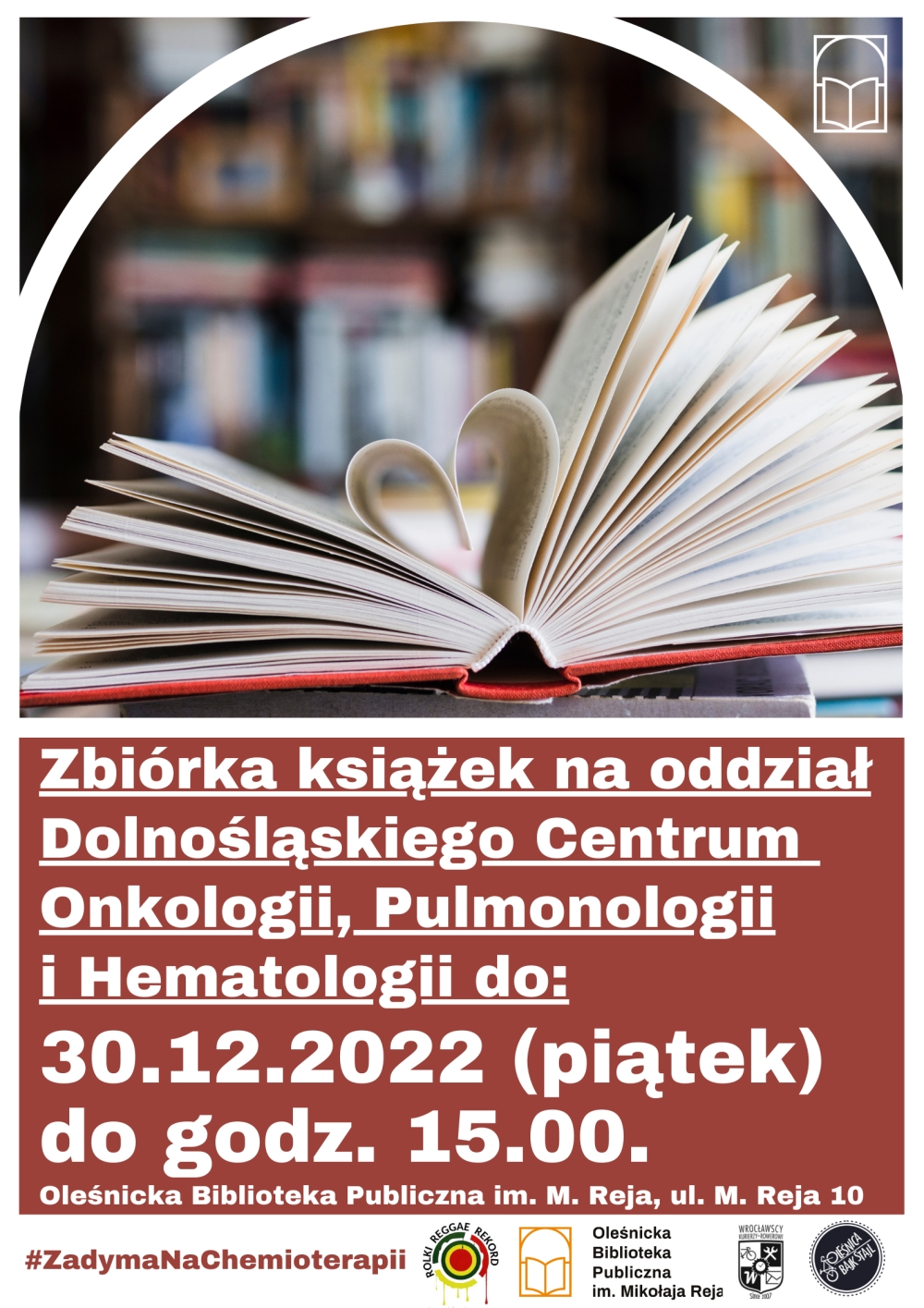 Plakat promujący zbiórkę książek w Bibliotece